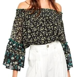 Free People Black Floral Off-Shoulder Blouse with Teal Trim